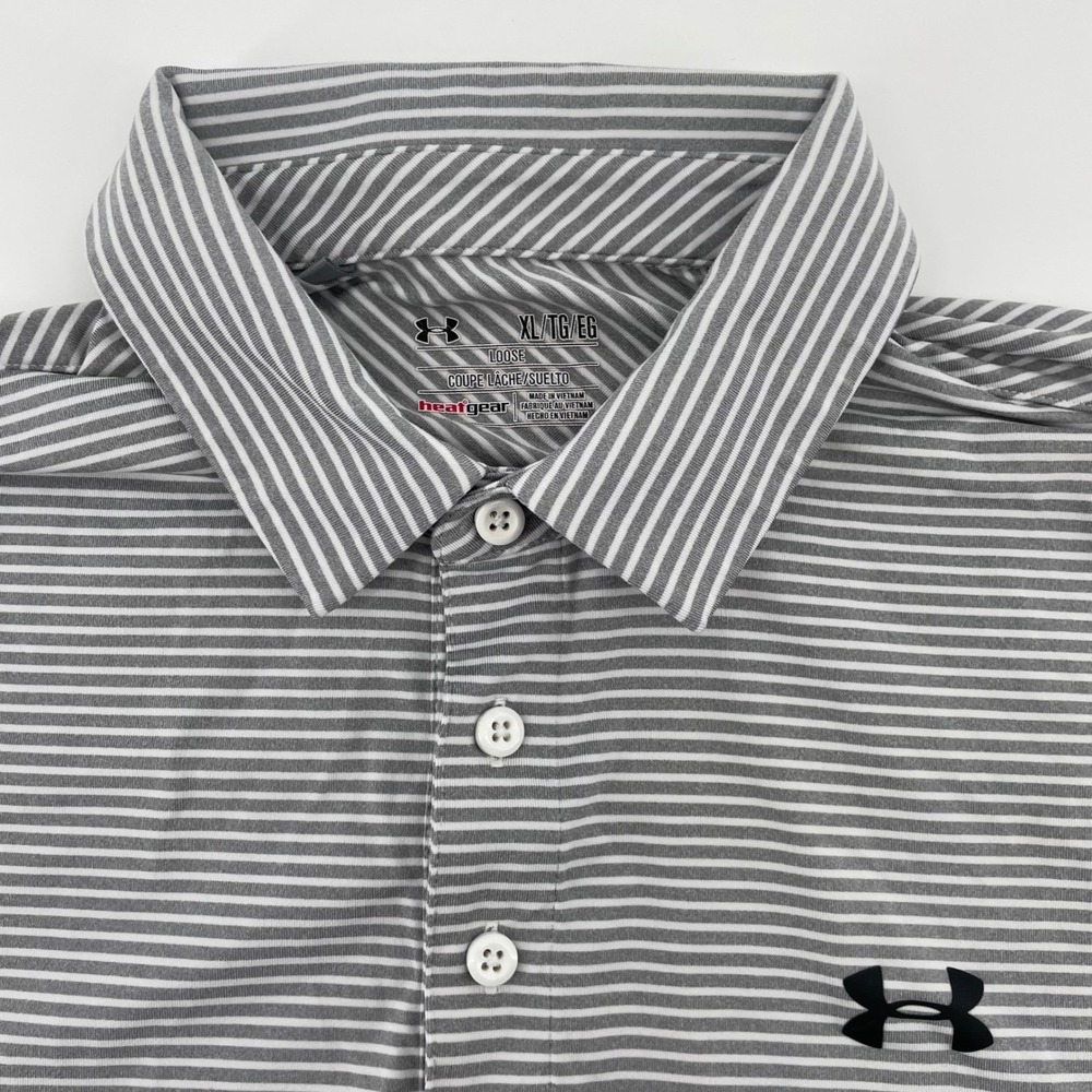 Under Armour Men's XL HeatGear Striped Polo Shirt Grey White Short Sleeve